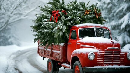 Vintage red christmas truck carrying a fir tree. Festive background - Powered by Adobe