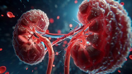 Detailed 3D rendering of human kidneys with blood vessels, showing anatomical structure in high resolution for medical and educational use.