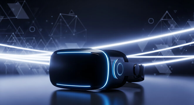 Futuristic virtual reality headset with glowing blue neon lights in a dark setting