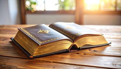 Open book on wooden table, sunlight