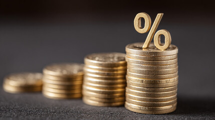 Interest Rates: Stacked coins show progressive growth, topped with a percentage sign. Financial concept conveying returns, investment, or savings interest.