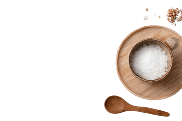 Wooden tray with a cup of white powder