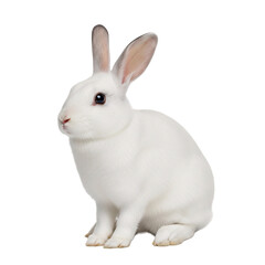 Obraz premium Adorable white rabbit sitting isolated on transparent background in studio shot