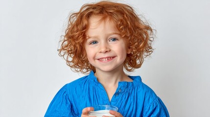 Young child with curly red hair wearing a bright blue shirt, joyfully holding a glass of milk, showcasing a cheerful expression against a light background, embodying innocence and happiness
