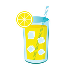 Lemonade in a glass with ice and a slice of lemon vector color illustration. Image of summer refreshing lemon drink on isolated background for menu and bar.