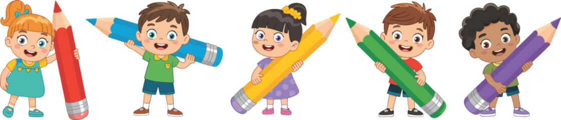 Happy cartoon kids holding big colorful pencils vector illustration, smiling children with oversized stationery, fun back to school concept, cute educational artwork