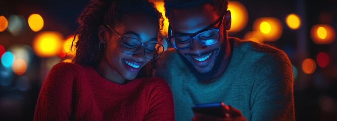Couple joyfully exchanging love messages on smartphones while enjoying a cozy evening in a city setting with colorful lights