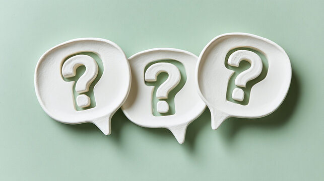 Three speech bubbles with question marks. Asking for ideas, input, opinions, or inspiration. Conceptual, metaphorical depiction of questions, guidance, support.