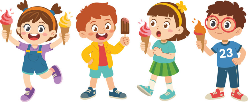 Happy children eating ice cream, cartoon kids holding cones, summer dessert illustration, sweet treat vector, joyful friends enjoying frozen snacks together, colorful playful design