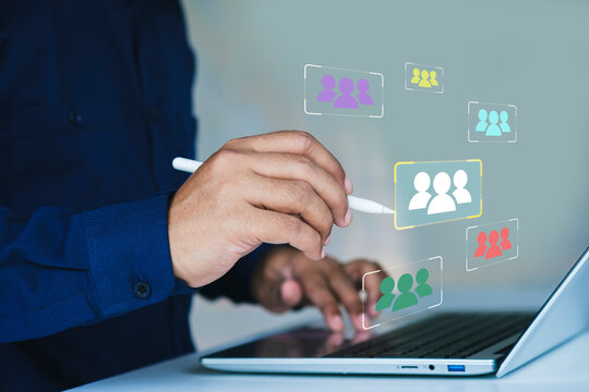 Niche marketing and personalization concept. Marketing segmentation strategy and consumer analysis. Marketer using laptop computer to analyze target customer data.