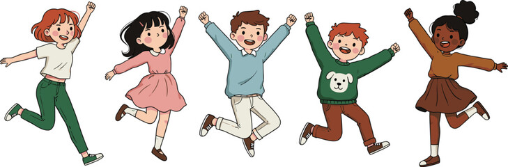 Happy group of children jumping together, cheerful boys and girls illustration, fun kids character design, friendship and joy vector artwork, playful cartoon scene