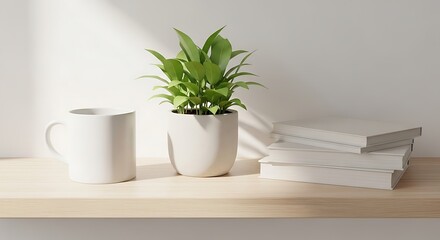 Cozy home interior scene with plants and coffee cup morning light
