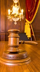 Ornate wooden gavel on a table, with a chandelier and red curtain in the background