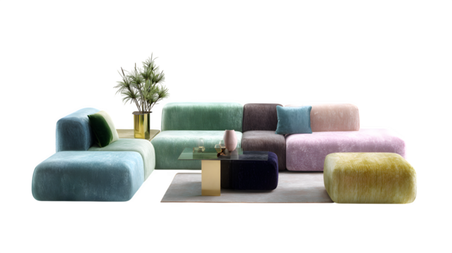 Modular velvet sofa arrangement, isolated on transparent background - Powered by Adobe