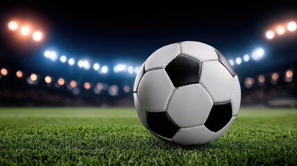 Fototapeta premium A close-up view of a soccer ball resting on lush green grass, illuminated by bright stadium lights in the background, capturing the essence of the game in an electrifying atmospher