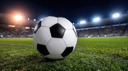 A close-up view of a classic black and white soccer ball resting on vibrant green grass in a stadium at night, with bright stadium lights illuminating the scene.