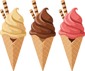 Ice cream cones illustration, vanilla chocolate strawberry flavor, sweet dessert vector, waffle cone with topping, summer food design, frozen treat graphic artwork