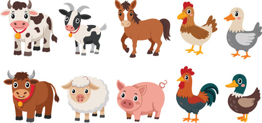 Set of cute cartoon farm animals including cow, goat, horse, sheep, pig, rooster, chicken, and duck, fun vector illustration for kids education and design