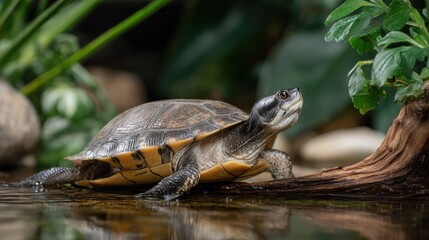 Naklejka premium Turtle on the Shore of a Tranquil Pond Surrounded by Greenery