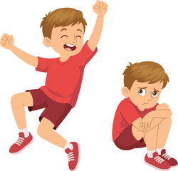 Vector illustration of boy showing emotions, happy and sad expressions, child psychology concept, emotional behavior, kids character design for education, posters, learning