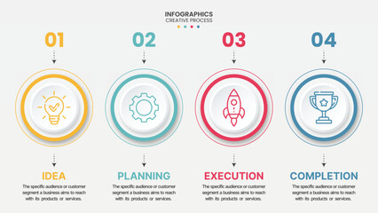 creative 4-step business process infographic, modern 4 stages workflow diagram with icons, professional planning and execution presentation template, simple creative process infographic for startup