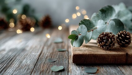 Rustic, seasonal sprigs of eucalyptus and pine cones on a weathered wooden surface, softly lit by string lights