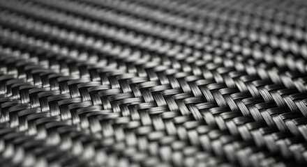 Close-up macro detail of a black carbon fiber surface with intricate woven texture and high-tech appearance.