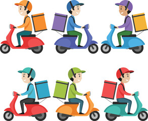 Vector illustration of food delivery riders on scooters, courier service drivers, fast delivery transportation, online order shipping, express logistics service, restaurant food delivery