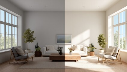 Bright and shaded living room with large windows