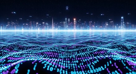 Futuristic cityscape with binary code ocean and flying vehicles under a starry night sky reflecting light