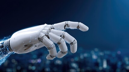 A futuristic robotic hand reaching out, symbolizing the intersection of technology and humanity. Ideal for themes of innovation, artificial intelligence, and future possibilities.