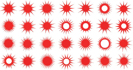 Dynamic collection of vibrant red starbursts and sunbursts, perfect for design accents.