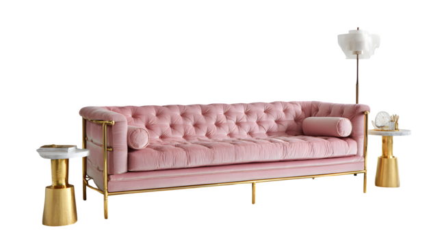 Pink Velvet Sofa with Gold Accents, isolated on transparent background - Powered by Adobe