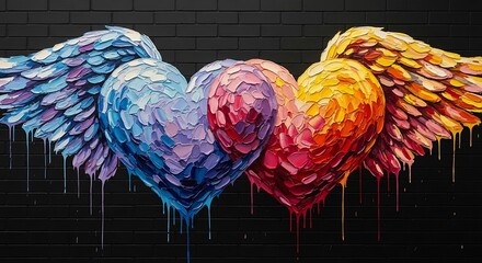 Vibrant rainbow hearts with angelic wings artistic creation