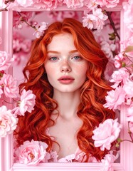 Naklejka premium Close-up portrait of a young beautiful girl, romantic redhead with blue eyes. Floral frame.