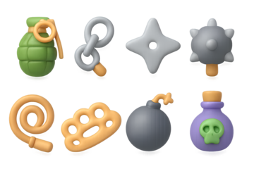 Cartoon style weapons collection: grenade, shuriken, flail, and more