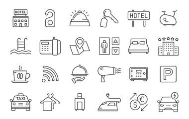 Hotel and apartament web icons in line style. Rental, reservation, hotel booking, room, parking, travel, service, airport, collection. Vector illustration.	