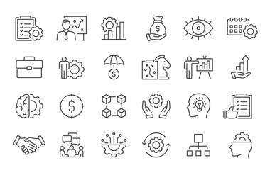 Operations management web icons in line style. Logistics, business process, maintenance, supply chain, improvement, planning, collection. Vector illustration.