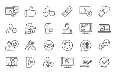 Blogger and Influencer web icons in line style. Blog, monetization, personal brand, video, likes, social media, collection. Vector illustration.