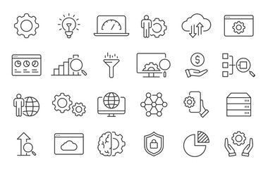 Data Processing web icons in line style. Analytics, gear, network, statistic, filter, diagrams, technology. Icon collection. Vector illustration.