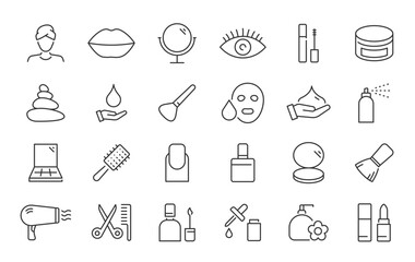 Fototapeta premium Beauty web icons in line style. Cosmetics, make up, fashion, salon, bodycare, beauty therapy, collection. Vector illustration.