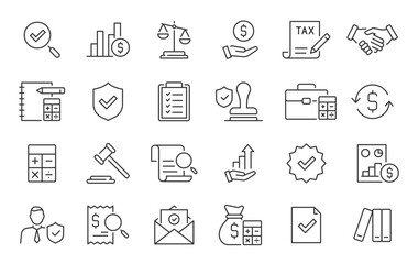 Fototapeta premium Audit web icon in line style. Assessment, calculator, check mark, auditing, inspection, investment, calculation, analytics, collection. Vector illustration.