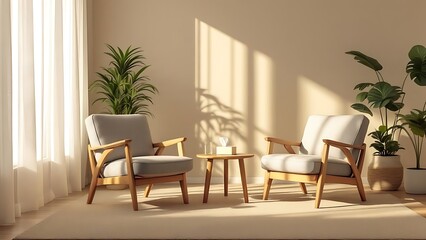 Cozy Minimalist Living Room with Natural Light and Indoor Green Plants
