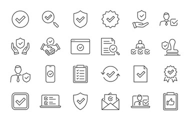 Checkmark and Approved web icon set in line style. Checklist, accepted, stamp, accept, agree, quality control, collection. Vector illustration.