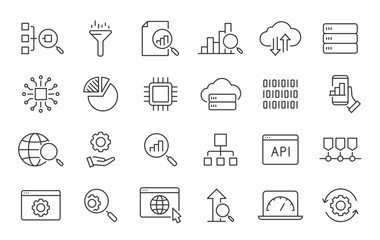 Data Analytics web icon in line style. Graphs, analysis, big data processing, growth, statistics, analytics, chart, research network collection. Vector illustration.