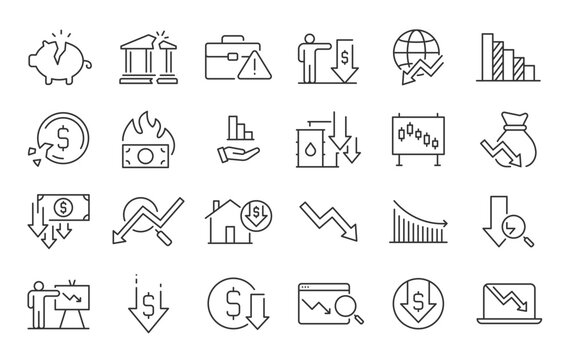 Economic crisis web icon set in line style. Decrease, layoff, job fired, pay cuts, low cost, collection. Vector illustration.