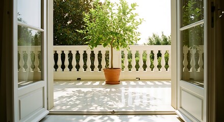 Open french doors reveal sunny balcony with potted plant and balustrade