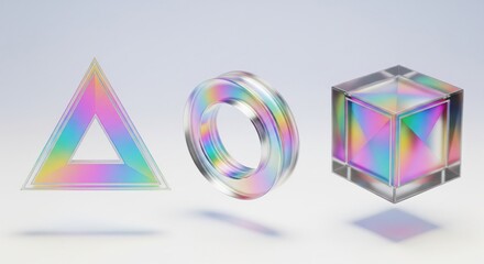 Holographic geometric shapes: crystal cubes, rings, and triangles with rainbow gradients on a white backdrop