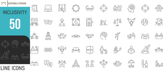 Collection Of Inclusivity Editable Stroke Thin line Icons set In Modern Style Of Diversity Related Gender, Social, Ethnic Equality And More Vector Illustration On Isolated Background