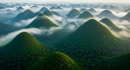 Misty mountain peaks emerge from lush green fog